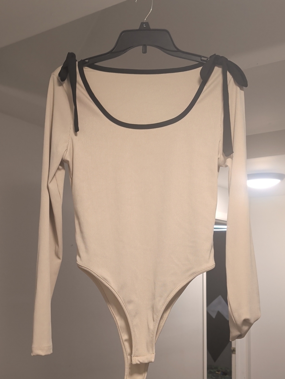 SHEIN Cream Long-Sleeve Tie-Shoulder Bodysuit with Black Trim